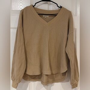 Brown Tan Madewell Waffle Knit V Neck Pullover Long Sleeve Shirt Size S